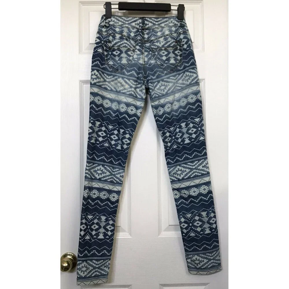 Hot Kiss Skinny Lily Blue White Aztec Pattern Jeans Size 1 Good Worn Condition - Picture 11 of 11